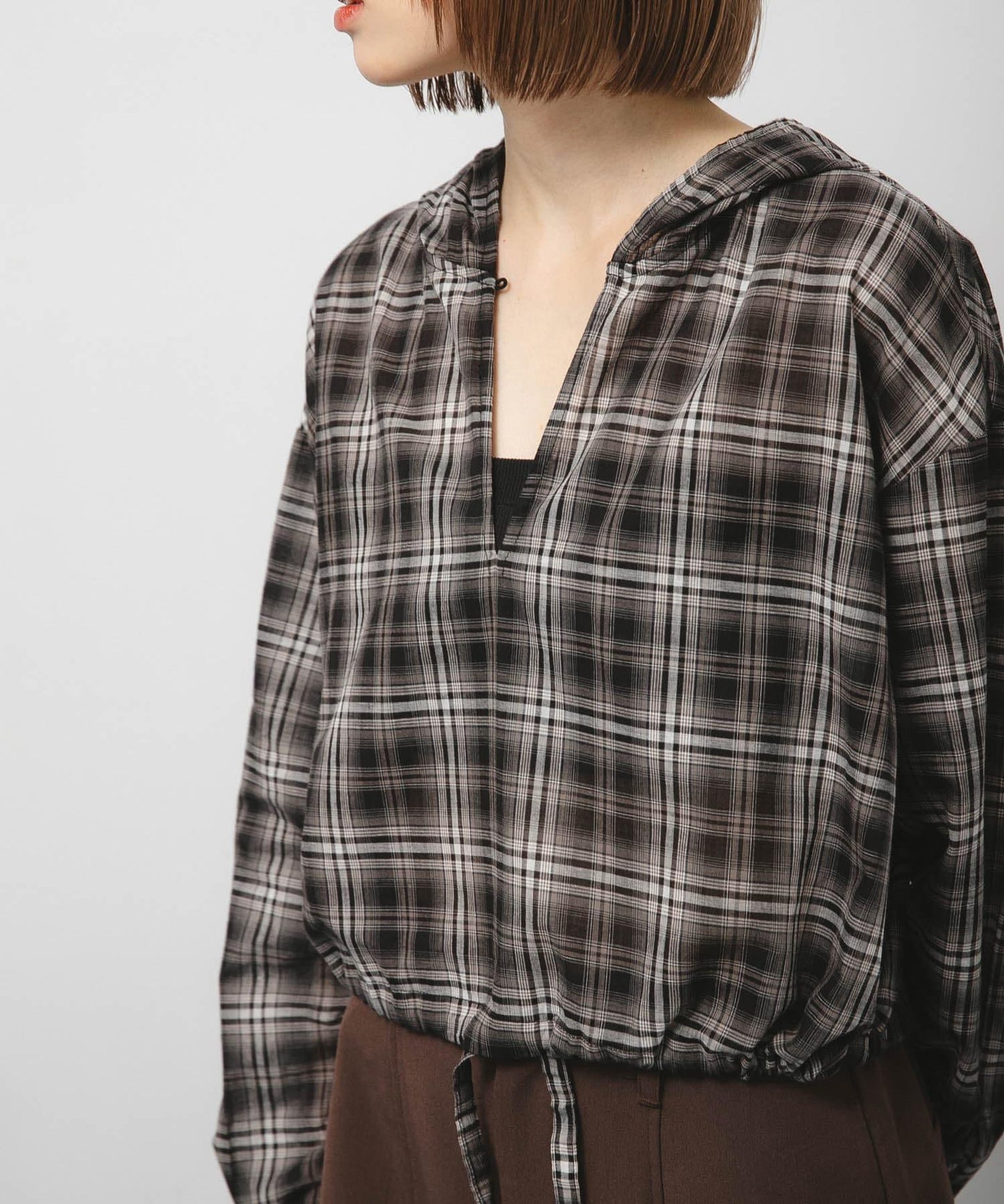 透視格紋連帽襯衫