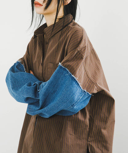 牛仔拼接袖改良襯衫