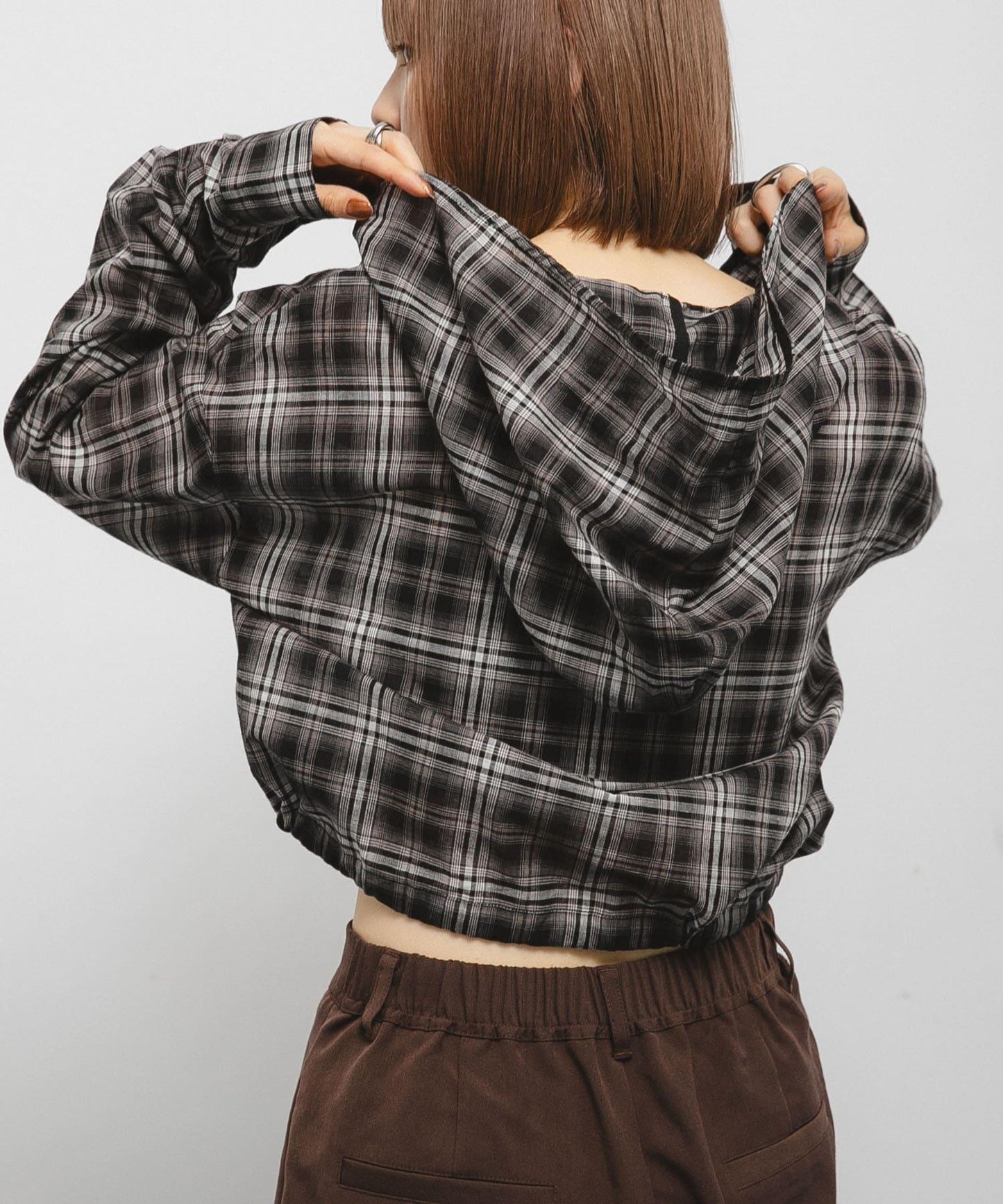 透視格紋連帽襯衫