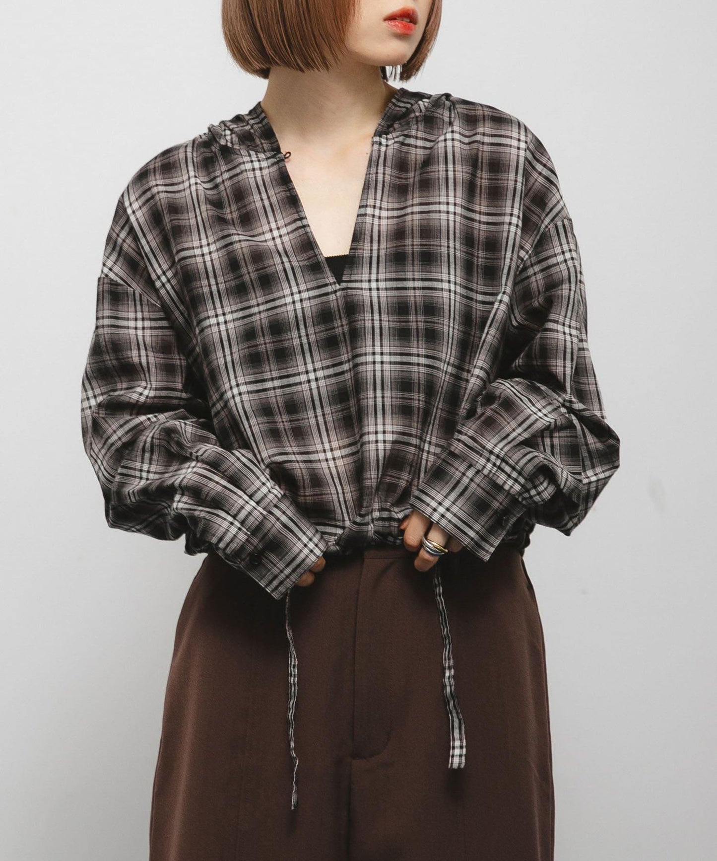 透視格紋連帽襯衫