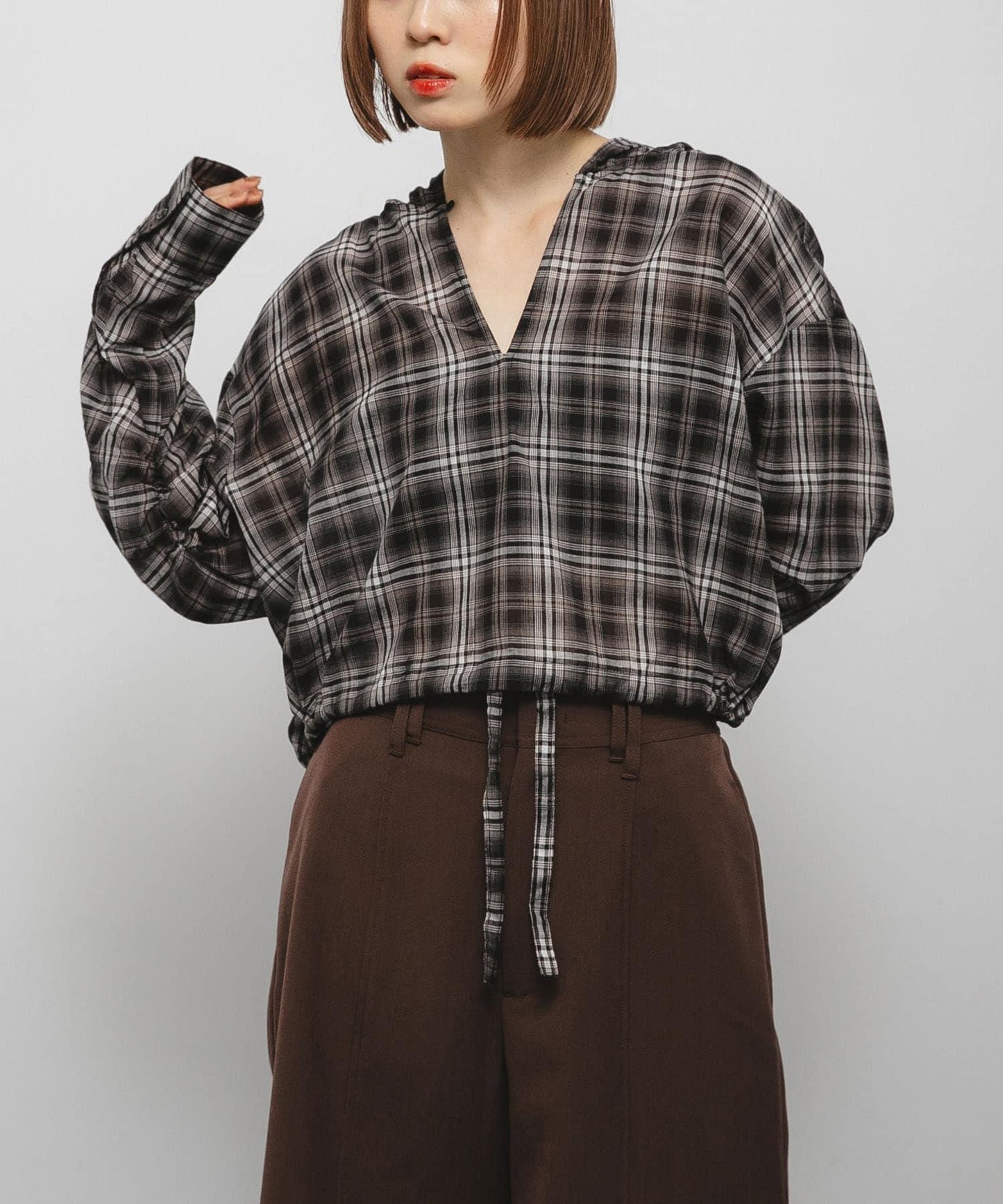 透視格紋連帽襯衫