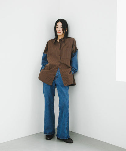 牛仔拼接袖改良襯衫