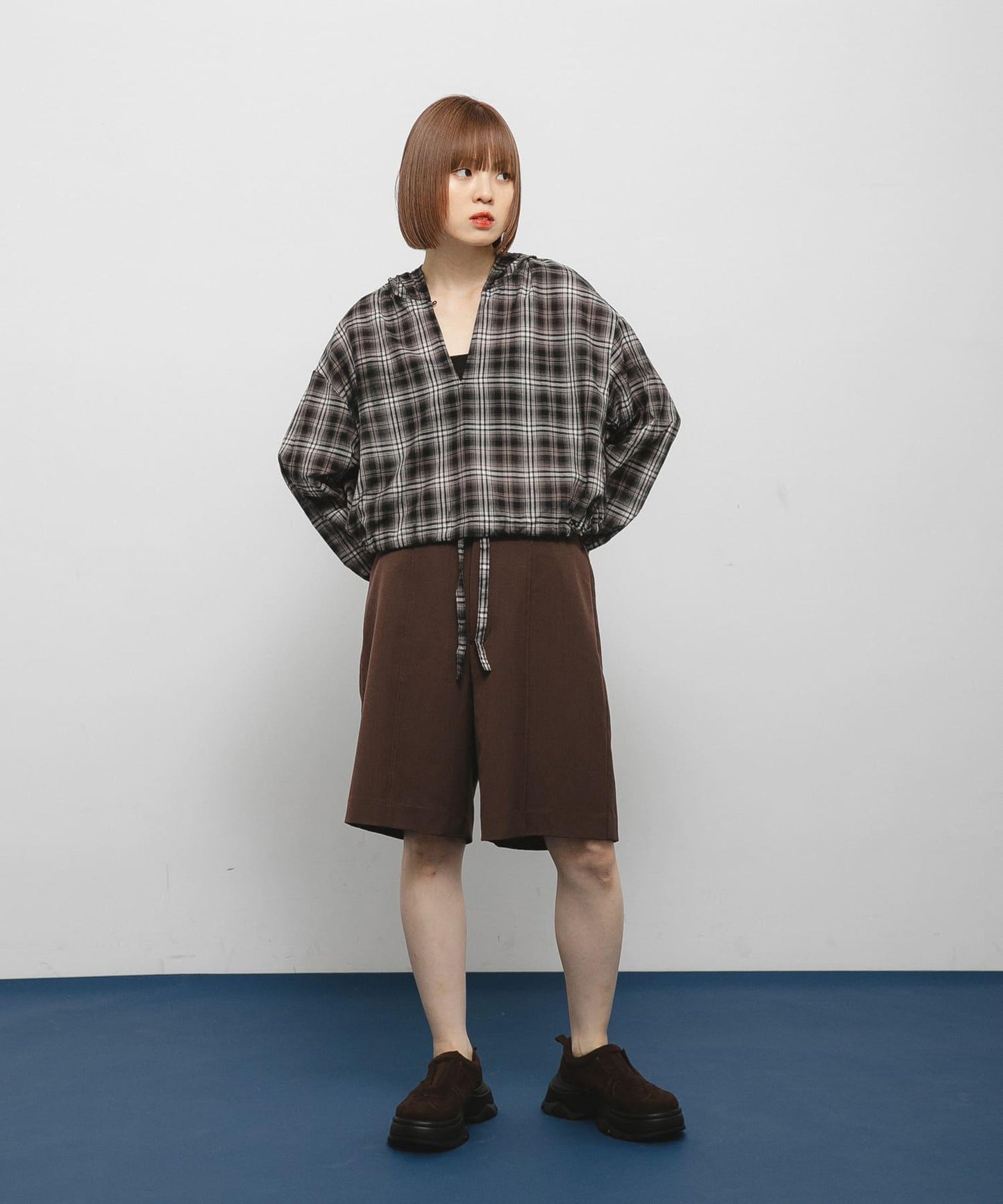 透視格紋連帽襯衫