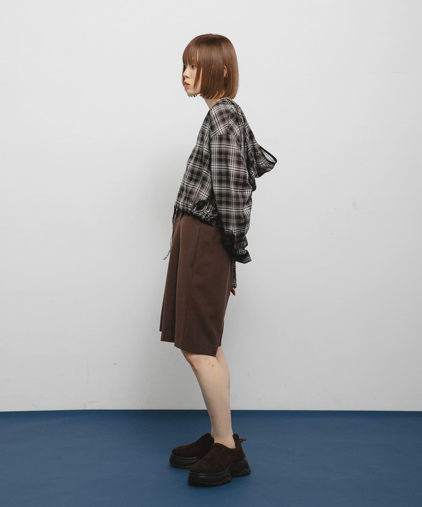 透視格紋連帽襯衫