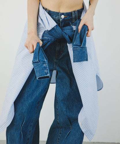 牛仔拼接袖改良襯衫