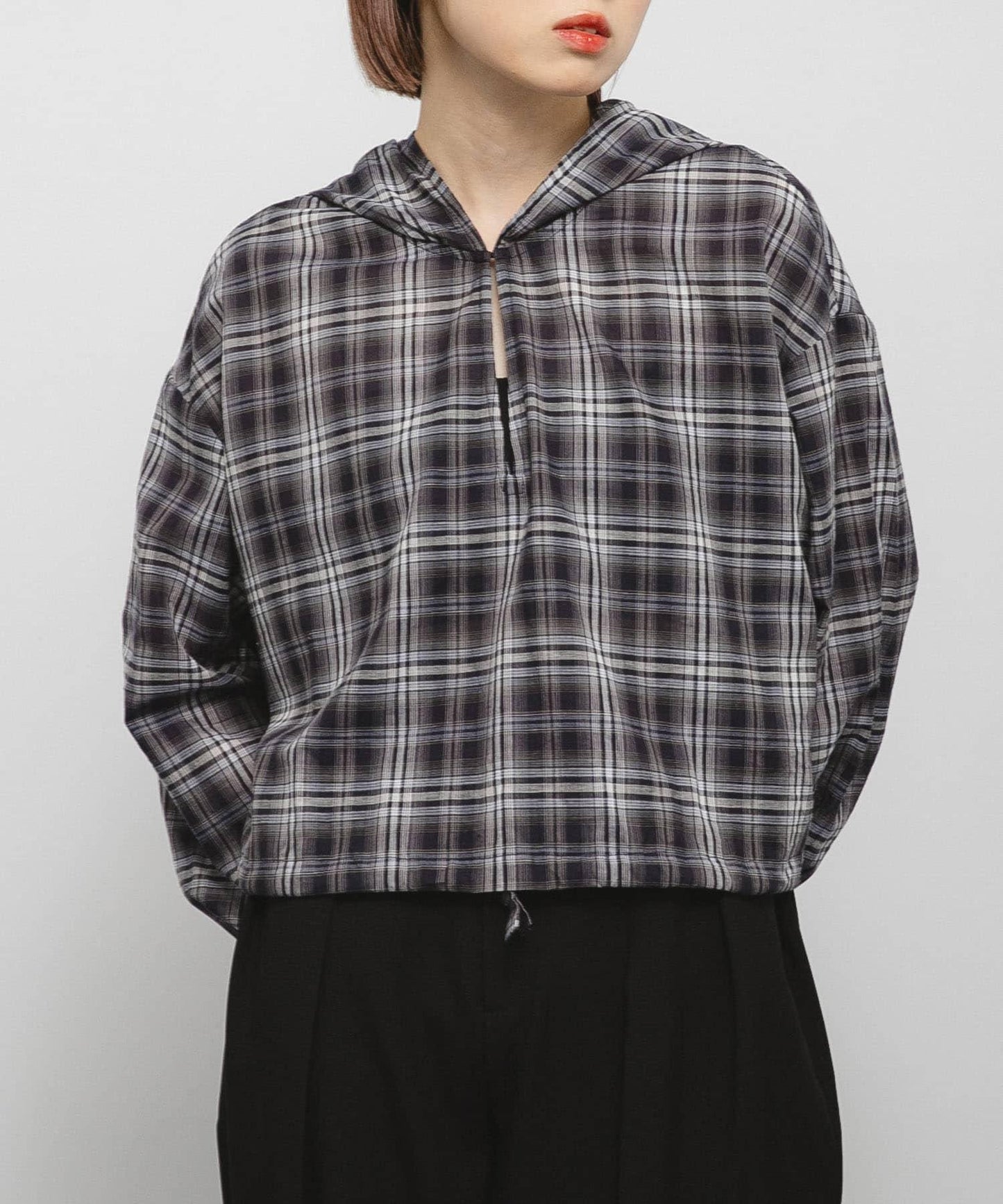 透視格紋連帽襯衫