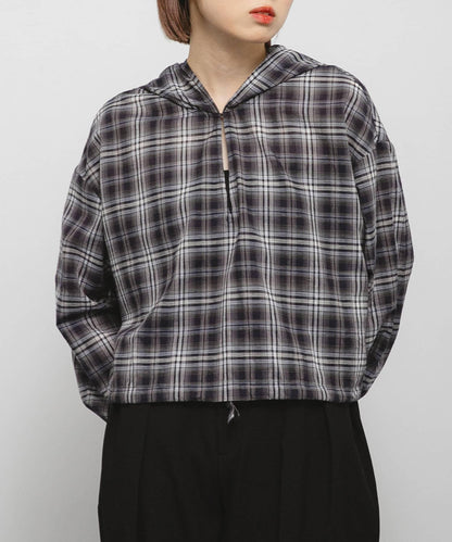 透視格紋連帽襯衫
