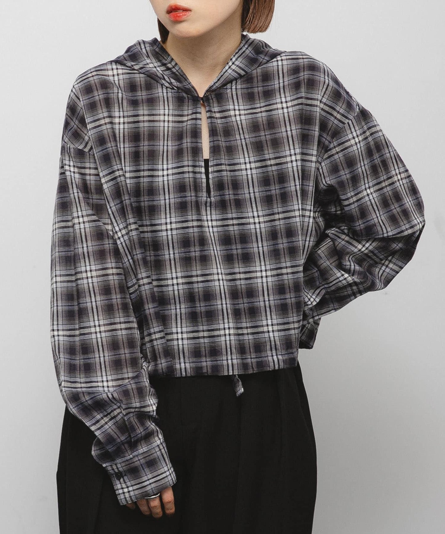 透視格紋連帽襯衫