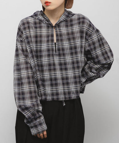 透視格紋連帽襯衫
