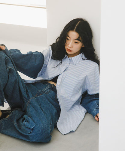 牛仔拼接袖改良襯衫