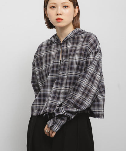 透視格紋連帽襯衫