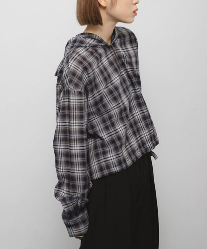 透視格紋連帽襯衫