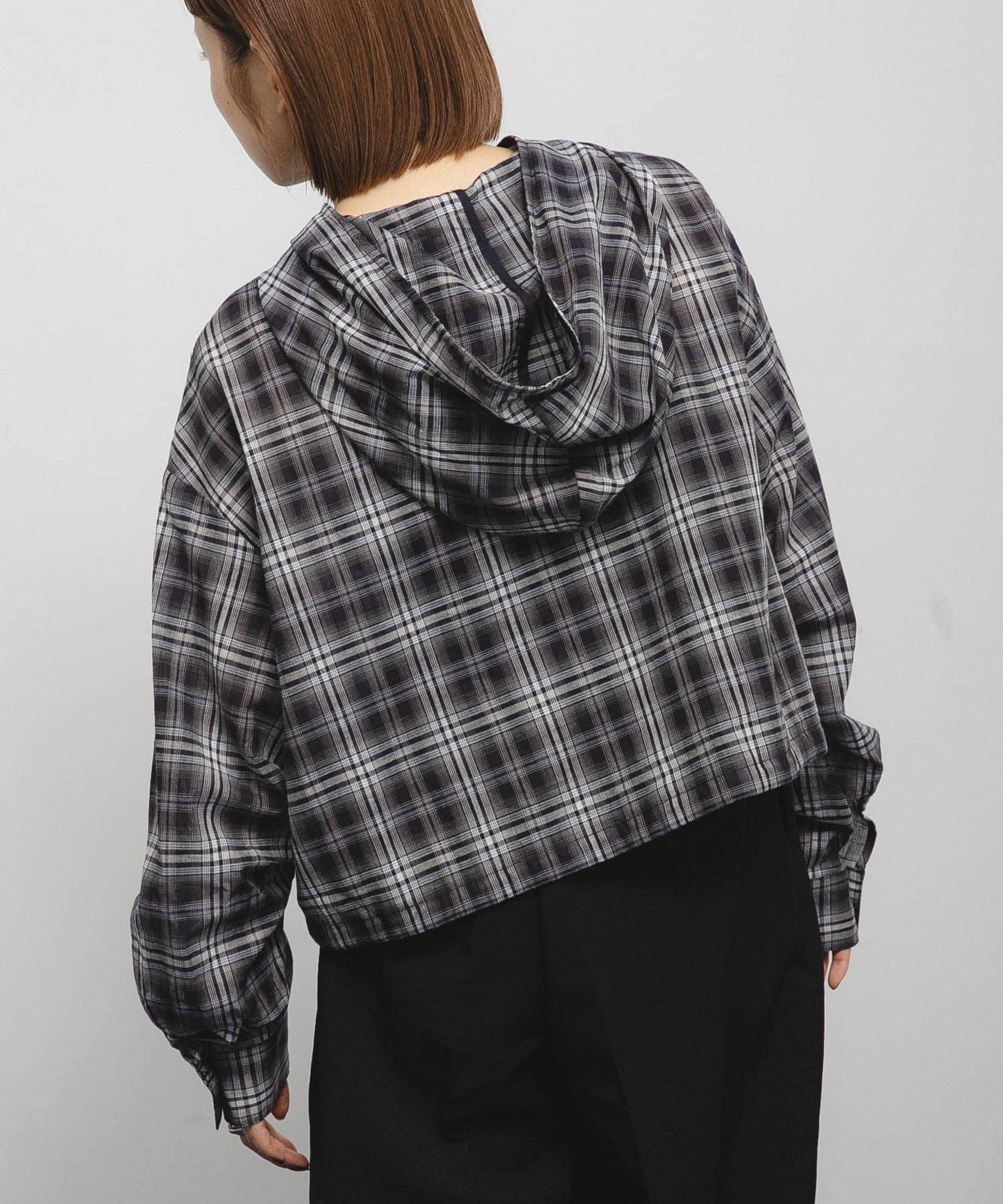 透視格紋連帽襯衫