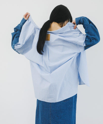 牛仔拼接袖改良襯衫