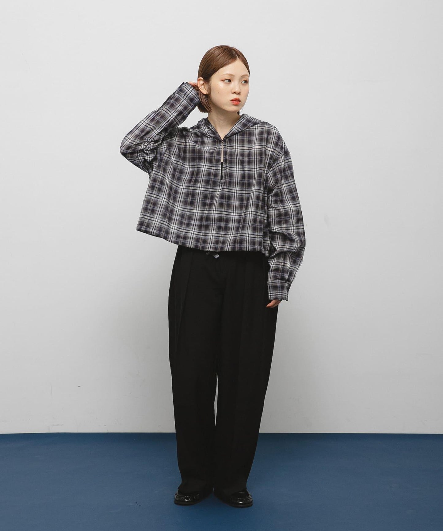 透視格紋連帽襯衫