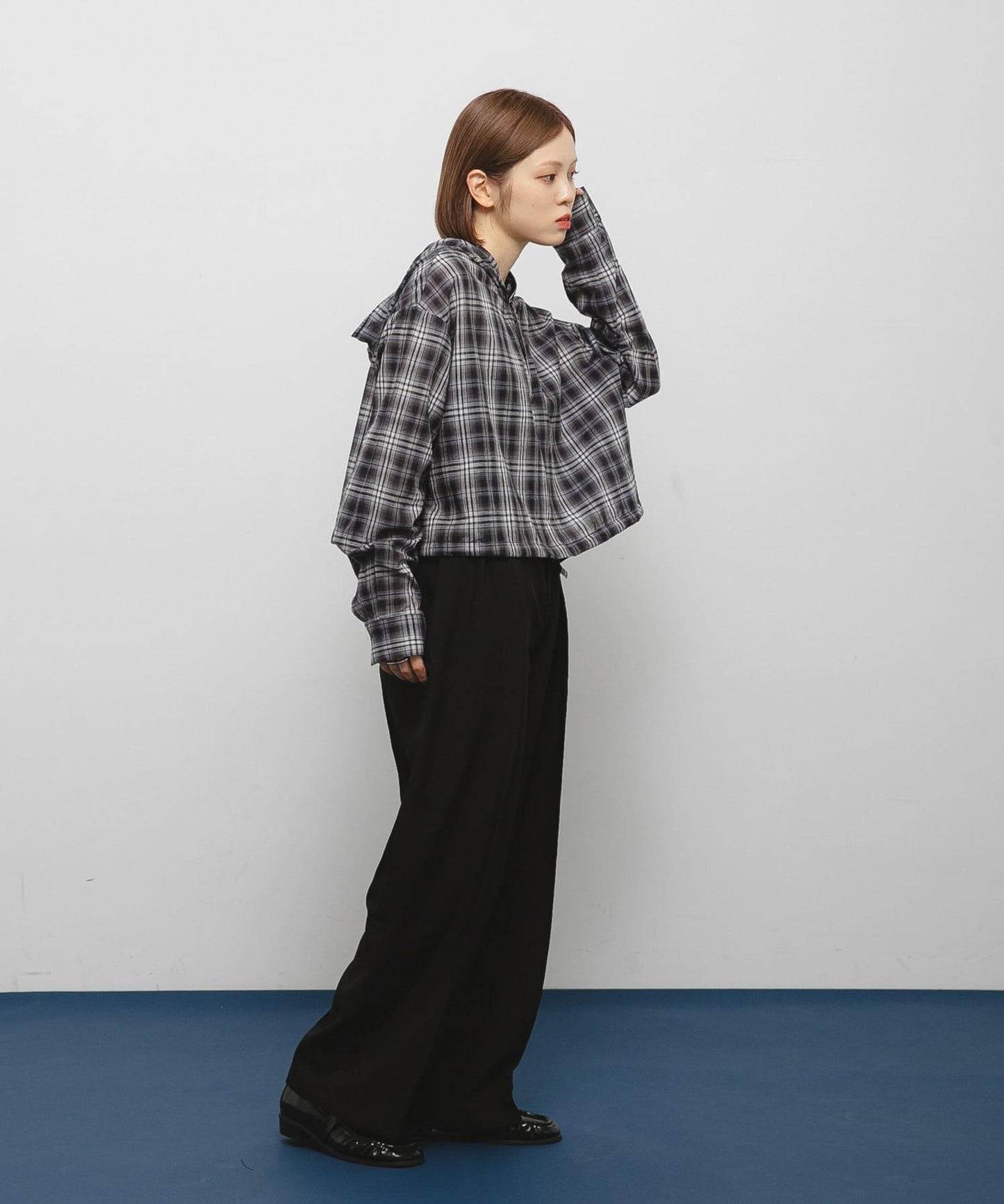 透視格紋連帽襯衫