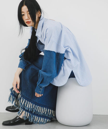 牛仔拼接袖改良襯衫