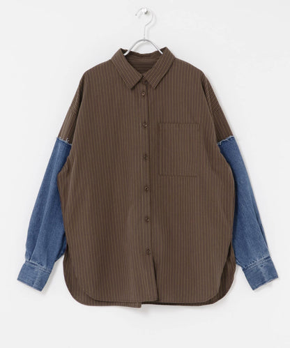 牛仔拼接袖改良襯衫