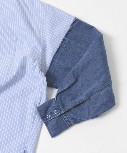 牛仔拼接袖改良襯衫