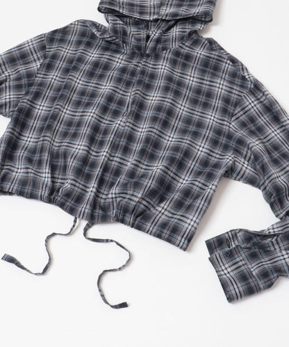 透視格紋連帽襯衫