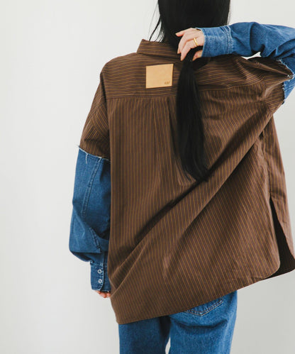 牛仔拼接袖改良襯衫