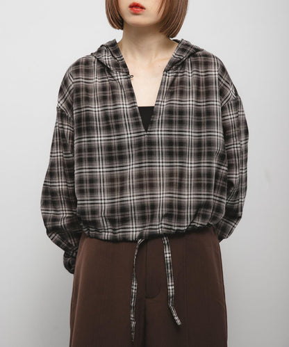 透視格紋連帽襯衫