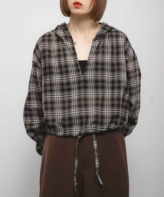 透視格紋連帽襯衫