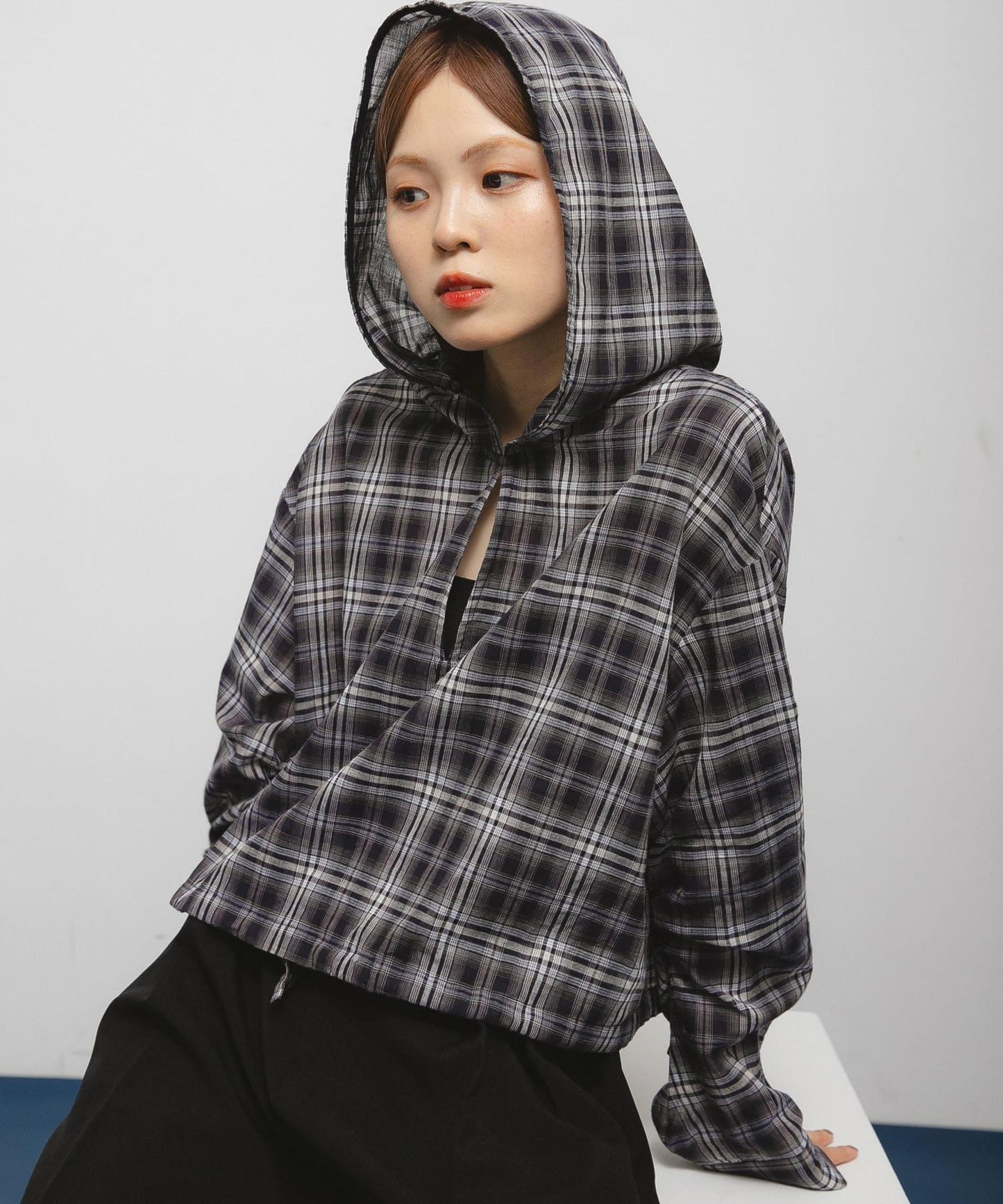 透視格紋連帽襯衫