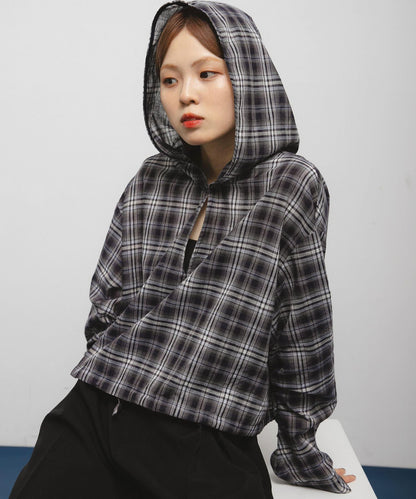 透視格紋連帽襯衫