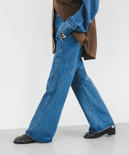 拼接口袋喇叭牛仔褲