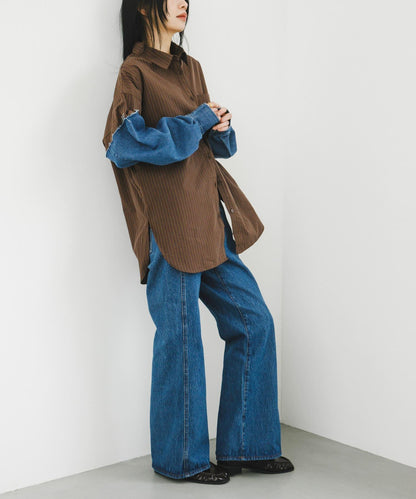 拼接口袋喇叭牛仔褲