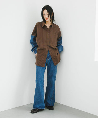 拼接口袋喇叭牛仔褲