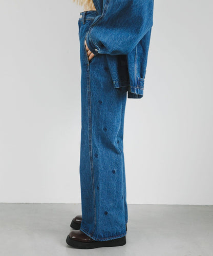 拼接口袋喇叭牛仔褲