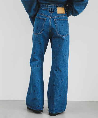 拼接口袋喇叭牛仔褲