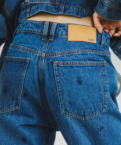 拼接口袋喇叭牛仔褲