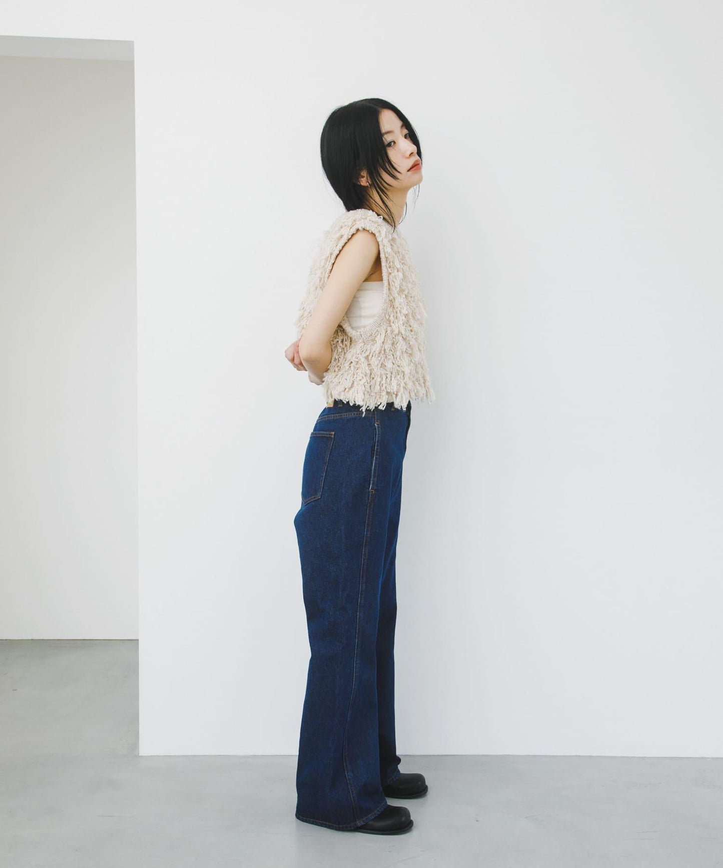 拼接口袋喇叭牛仔褲