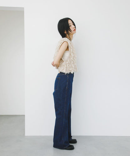 拼接口袋喇叭牛仔褲