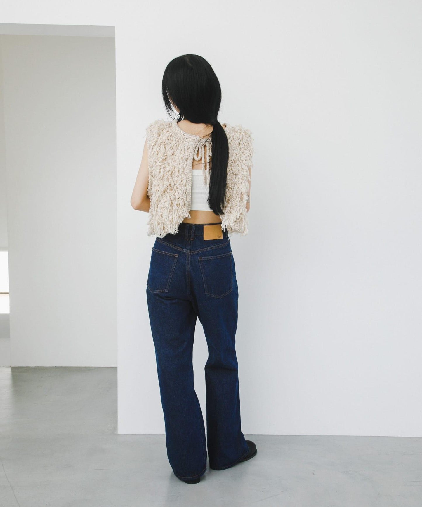 拼接口袋喇叭牛仔褲