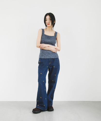 拼接口袋喇叭牛仔褲