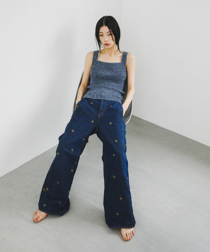 拼接口袋喇叭牛仔褲