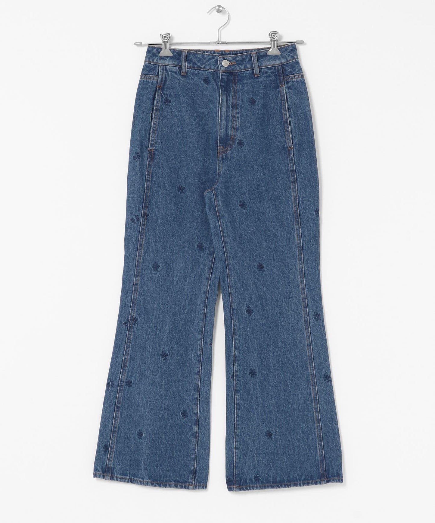 拼接口袋喇叭牛仔褲