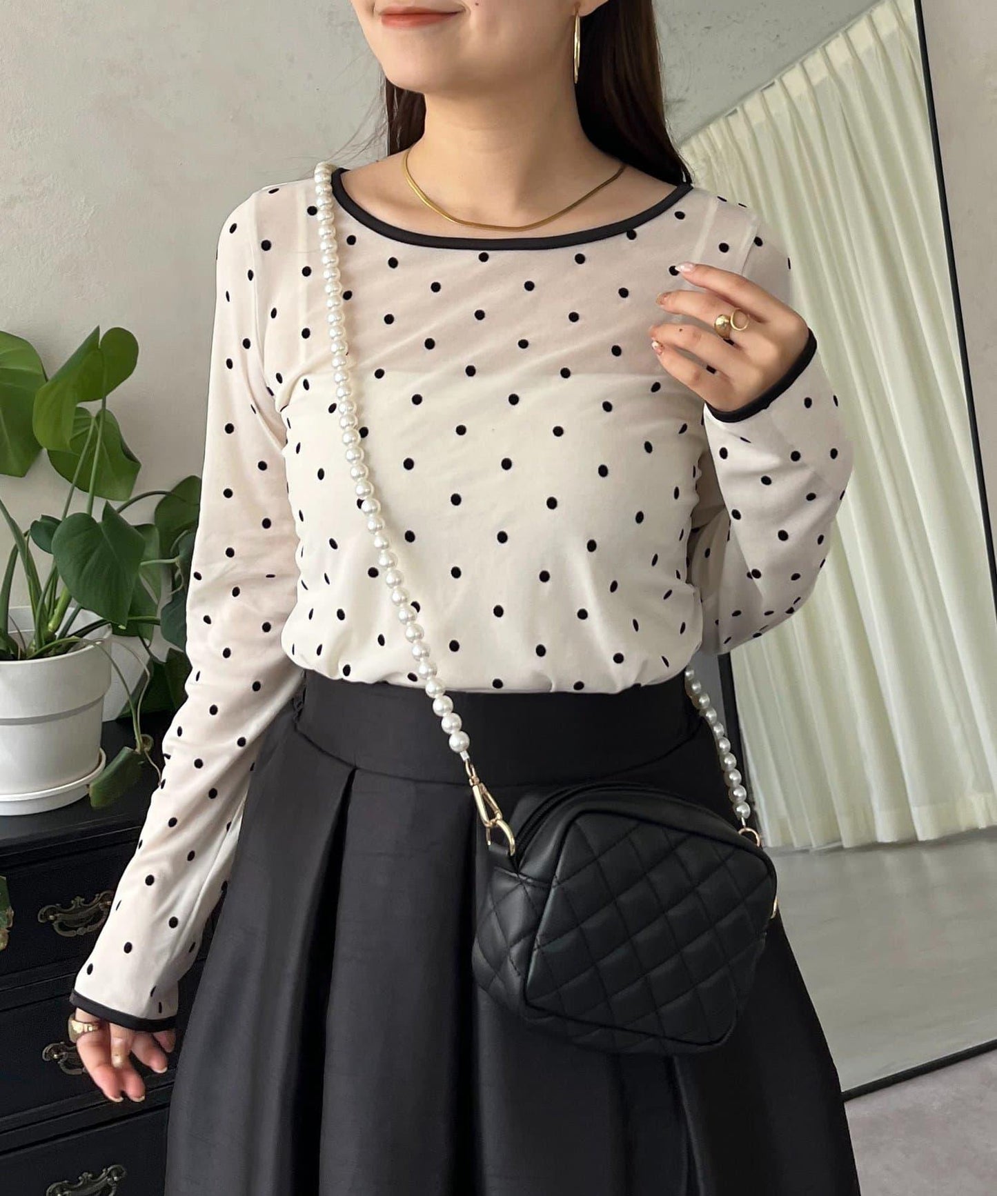 絨面圓點船領雪紡上衣