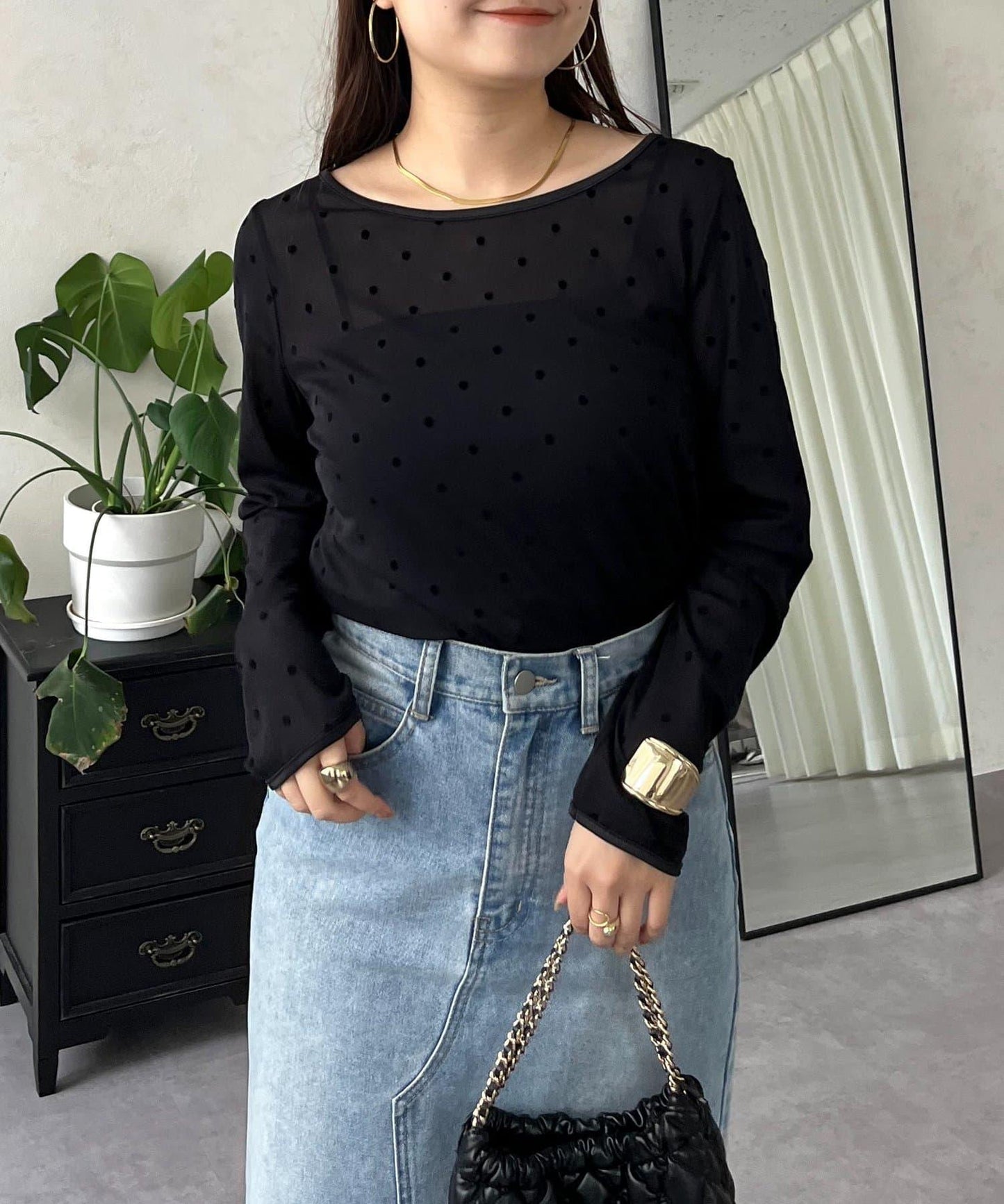 絨面圓點船領雪紡上衣