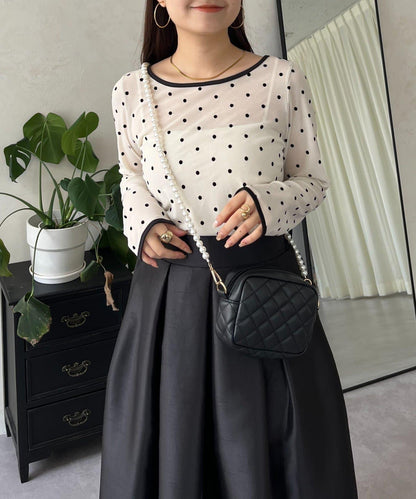 絨面圓點船領雪紡上衣