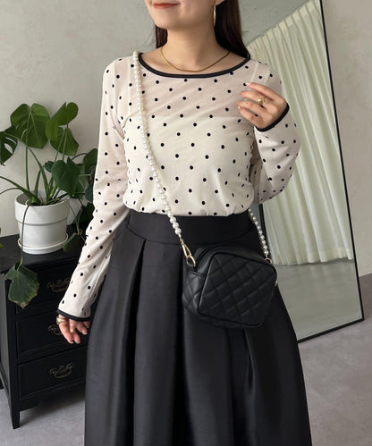 絨面圓點船領雪紡上衣