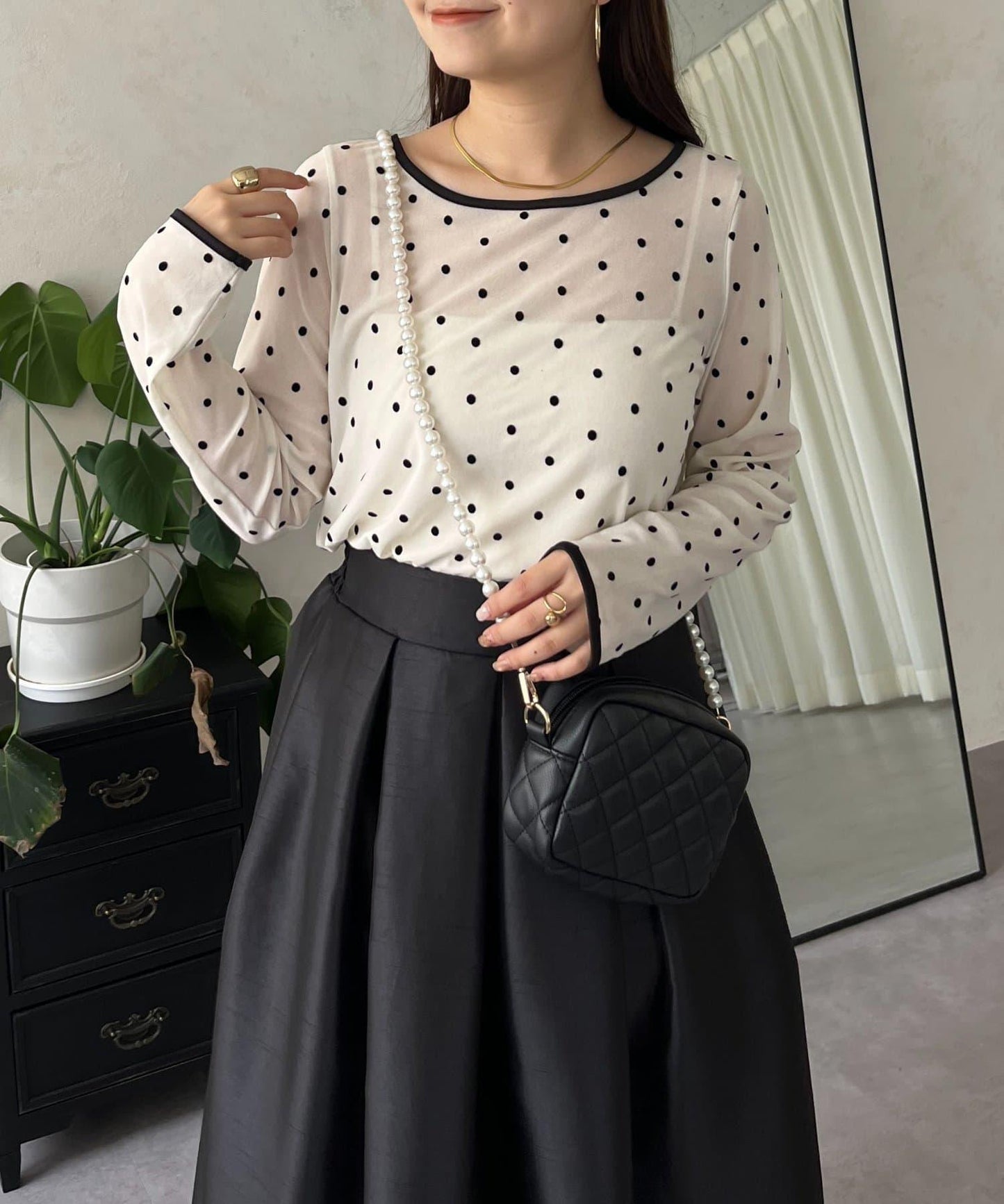 絨面圓點船領雪紡上衣