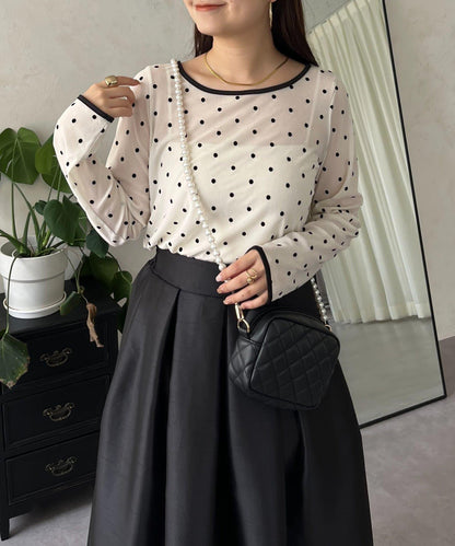 絨面圓點船領雪紡上衣
