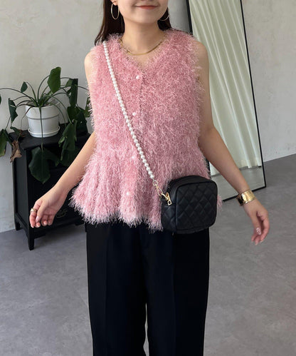 珍珠扣荷葉邊絨毛針織馬甲