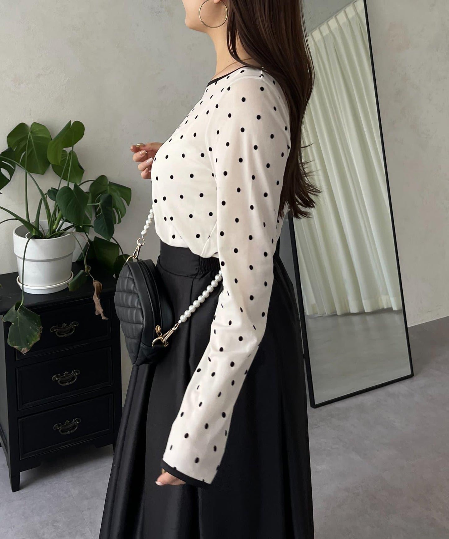 絨面圓點船領雪紡上衣