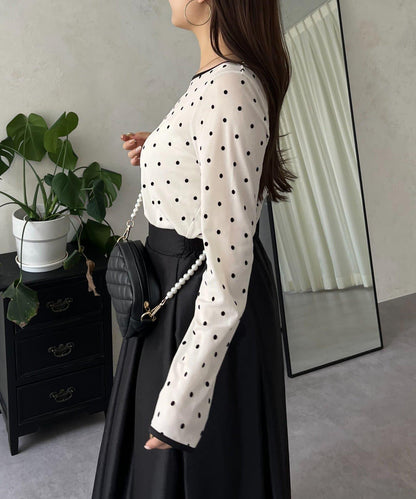 絨面圓點船領雪紡上衣